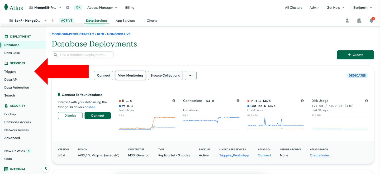 Databases Menu on Atlas Cluster Deployment Tab Arrow Pointing at Triggers