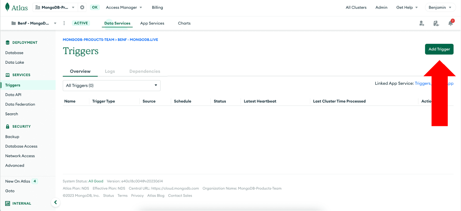 Atlas Triggers Menu Arrow Pointing at “Add Trigger”