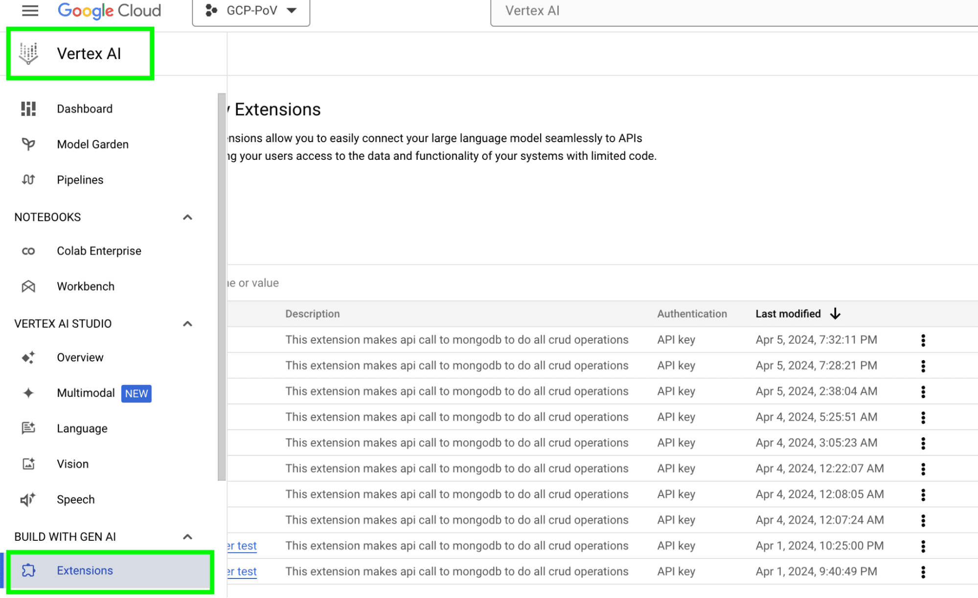 Navigating to Vertex AI extensions