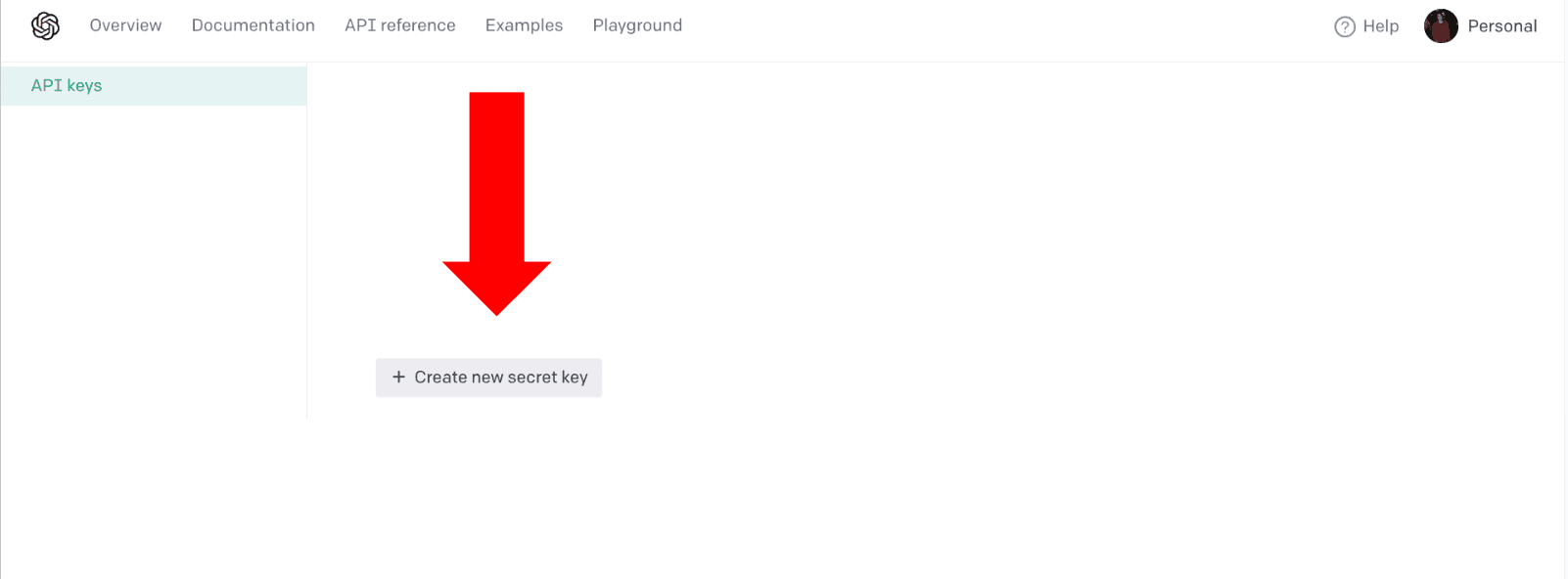 Open AI API Keys Page Arrow Pointing at “Create new secret key”